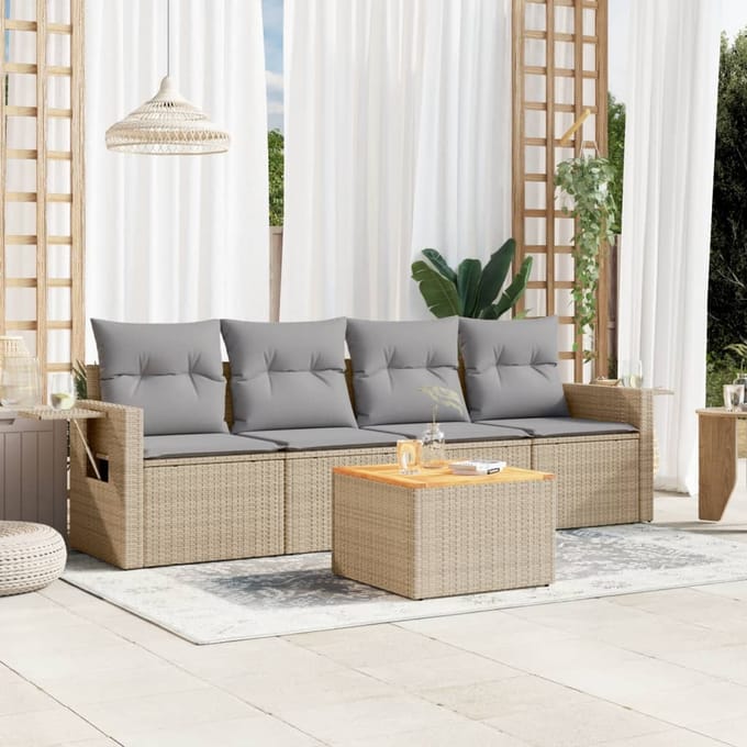 vidaXL - 5-delige - Loungeset - met - kussens - poly - rattan - beige