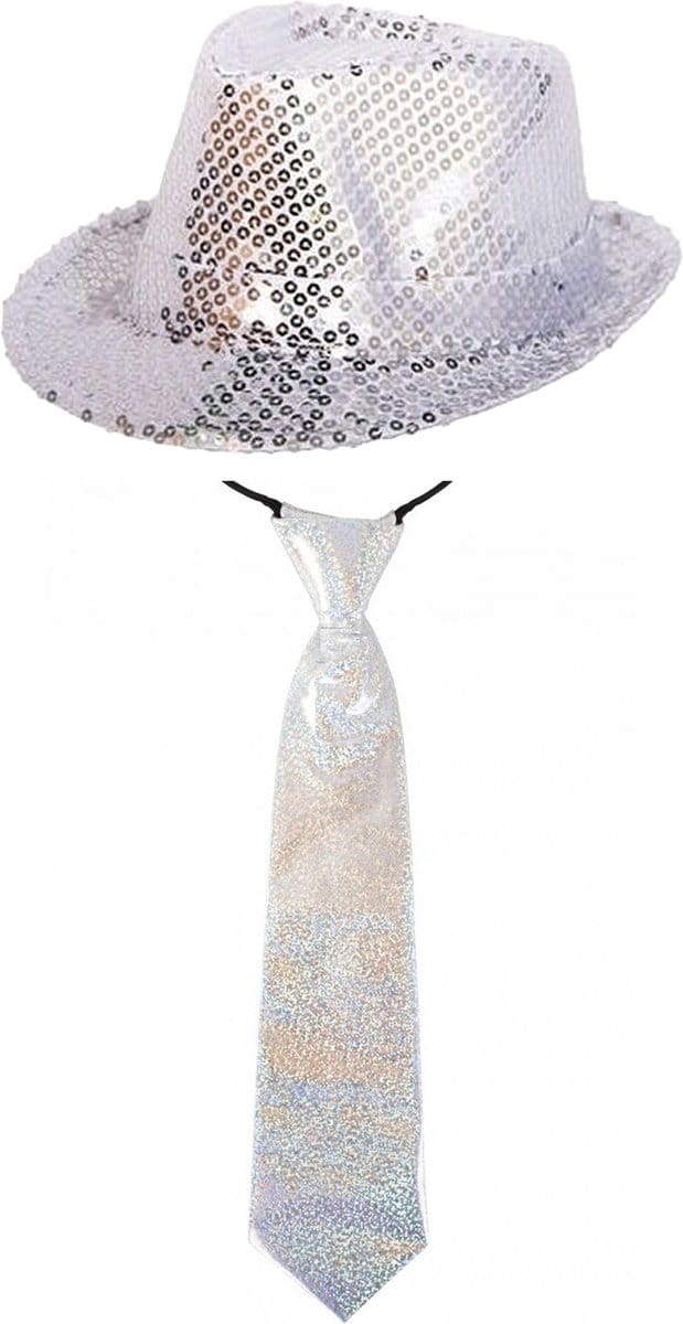 Faram Verkleedkleding set zilver hoed en stropdas glitter volwassenen