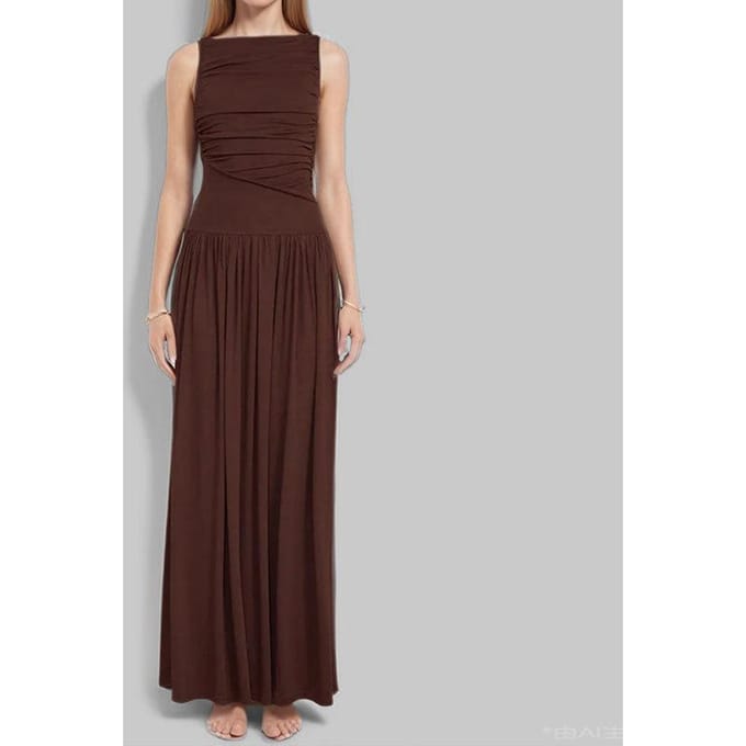 Dames Lentejurk, Modieus Temperament, Elegante Effen Kleur, Slanke Geplooide Geplooide Jurk L