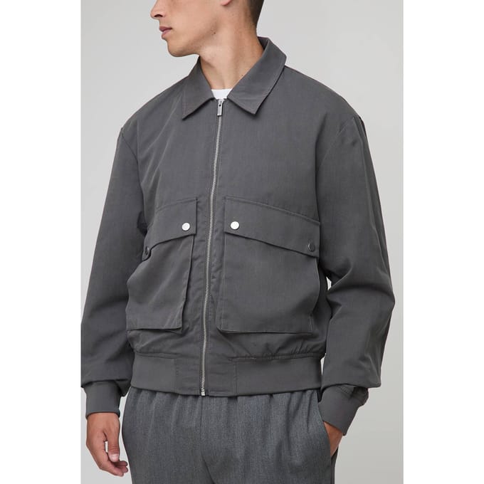 Regular Fit Technical Utility Cargo Pocket Harrington Jacket | Grey | Size Small