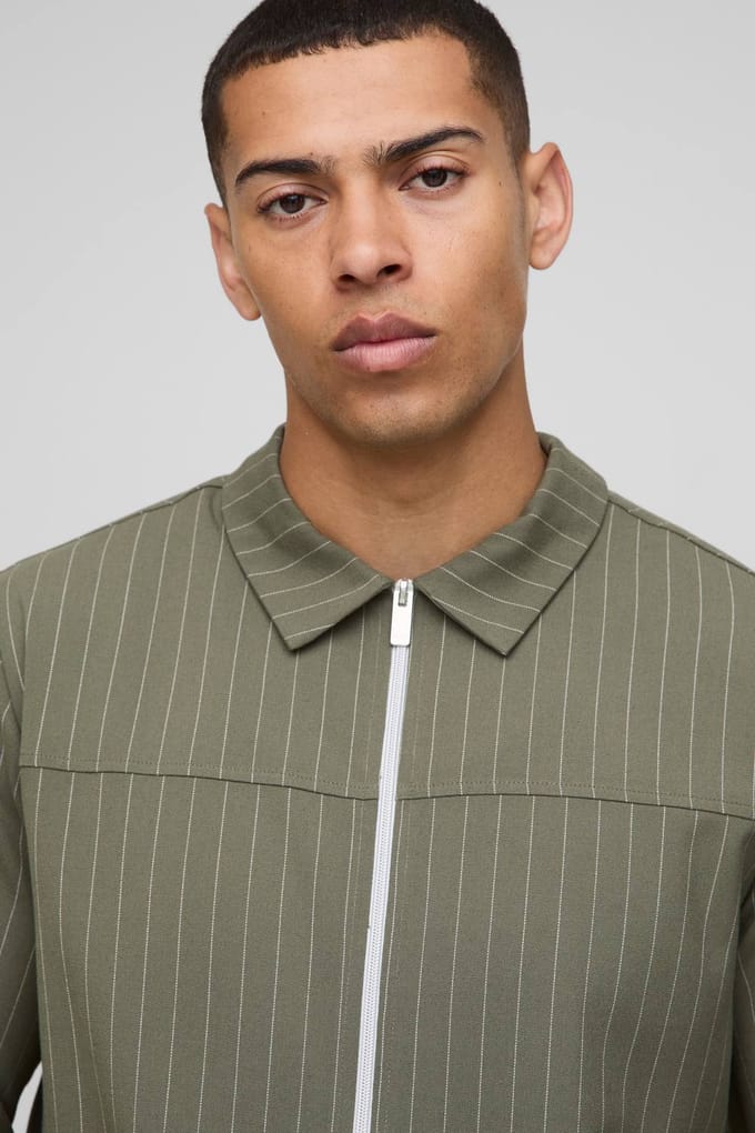 Regular Fit Stripe Harrington Jacket | Khaki | Size Small