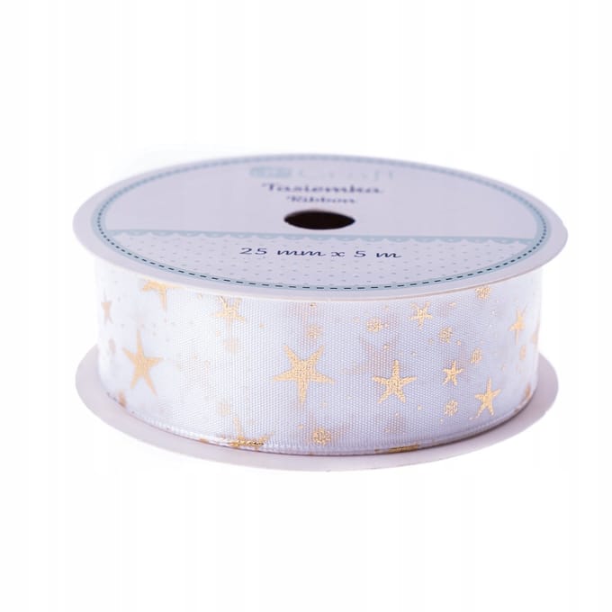 DpCraft Kerstlint Wit met Gouden Sterren - 25mm x 5m