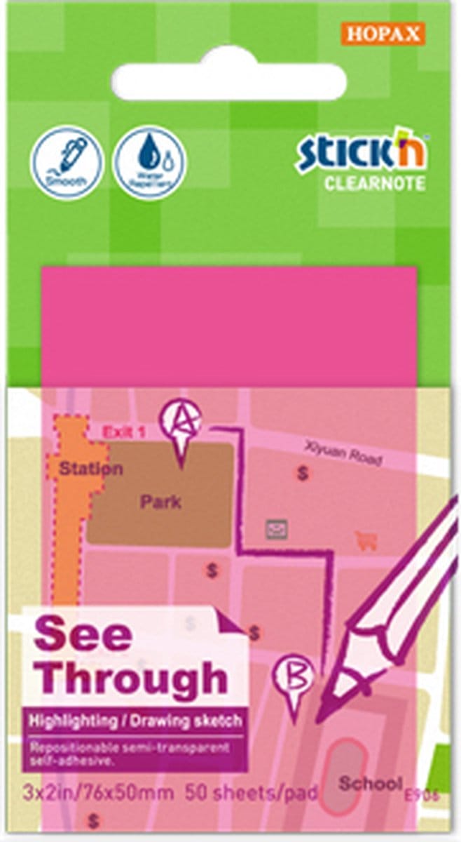 Stick'n Clear Note - Doorzichtige Note - 76x51mm - 50 Pads - Magenta