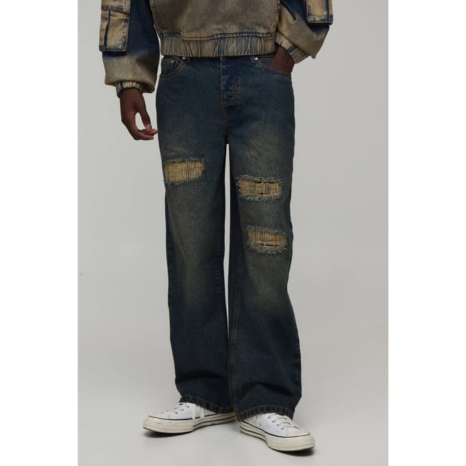 Relaxed Rip & Stitch Repair Jeans | Mid Wash | Size 44S