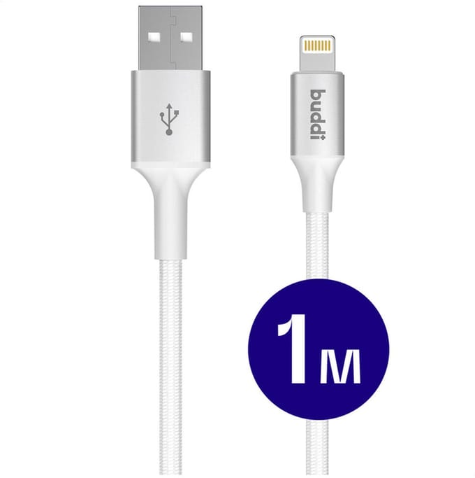 Buddi Flex | USB-A naar Lightning Kabel 12W Fast Charge | 480Mbps Dataoverdracht | Gevlochten Nylon | 1M | 1 Meter | Wit
