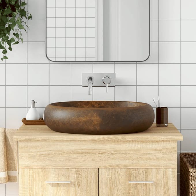 vidaXL - Opzetwasbak - ovaal - 59x40x15 - cm - keramiek - bruin