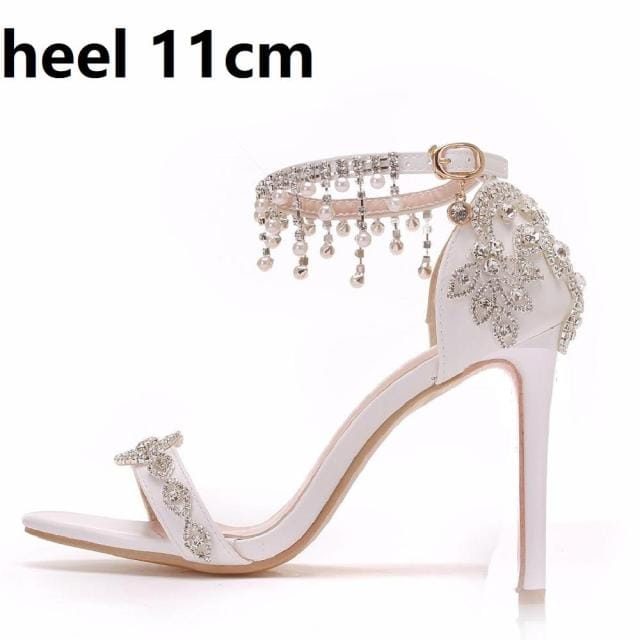 Sandales d'été blanches pour robe de mariée, chaussures à bout ouvert, talons hauts, brides à la cheville en strass 36 white