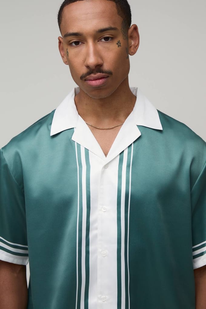 Oversized Short Sleeve Double Boarder Print Satin Shirt & Short Set | Green | Size Medium