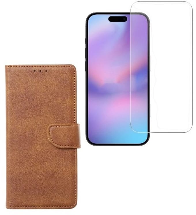 Bookcase Hoesje Geschikt voor: Apple iPhone 17 Pro Max - Lichtbruin - Portemonnee hoesje + 2X Tempered Glas Screenprotector