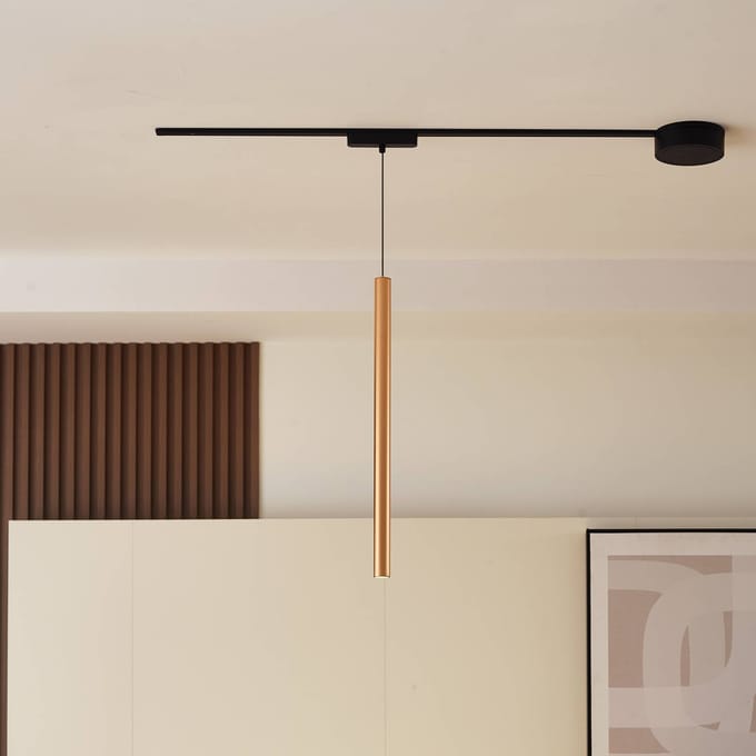 Lindby LED hanglamp Lumaro, goud, Ø 3cm,aluminium,48V,dimbaar