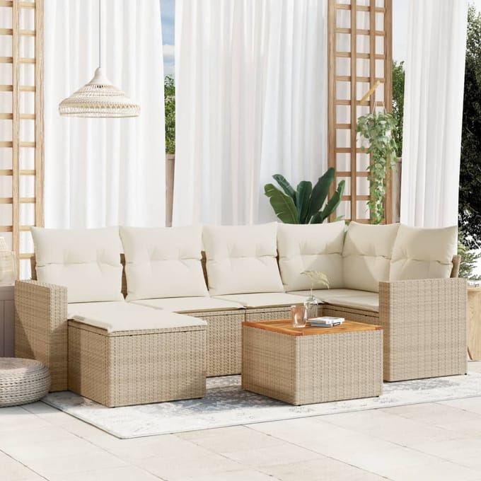 vidaXL - 7-delige - Loungeset - met - kussens - poly - rattan - beige