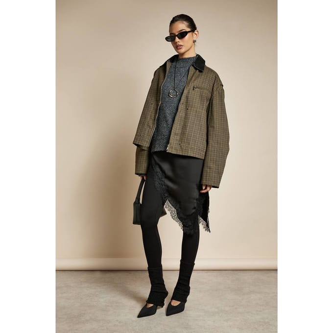 boohoo Dames Geruite Zip Jacket met Contrasterende Kraag | Chocoladebruin | Maat: 40
