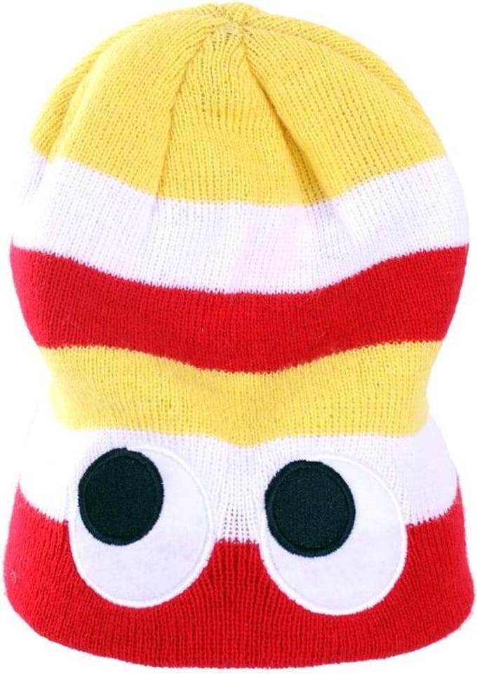 Gebreide muts rood/wit/geel met ogen