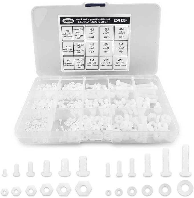 Complete Set van 432 Stuks Witte Nylon Plastic Schroeven, Ringen en Moeren - M2 tot M6 voor Diverse Toepassingen
