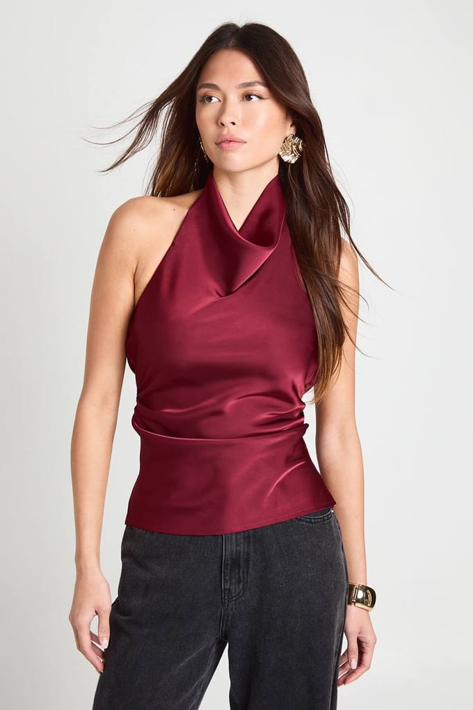 boohoo Dames Satijn Hoge Cowl Hals Cami Top | Fig | Maat: 38