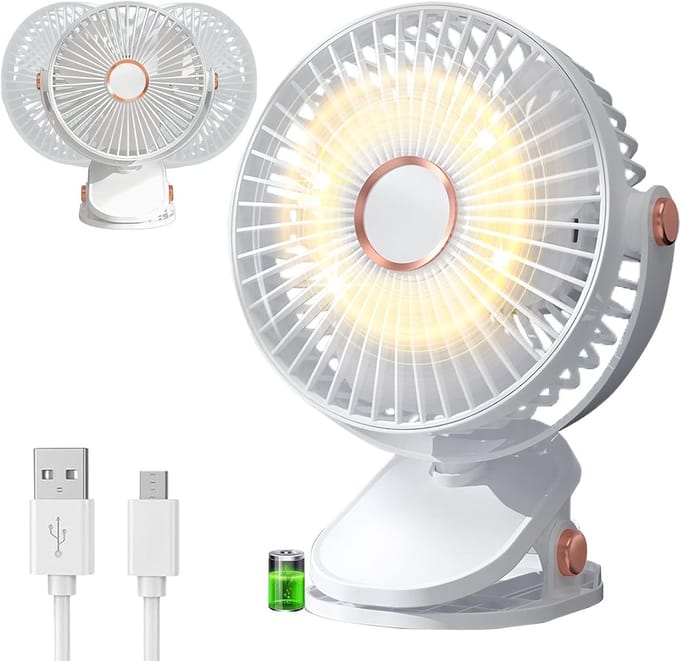 Klemventilator 3000mAh – Draadloze Tafelventilator – 3 Snelheden – 360° Draaibaar – LED-Verlichting – Wit