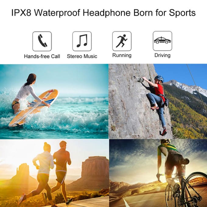 IPX8 waterdichte Bluetooth-koptelefoon voor zwemmen CSR draadloze stereoheadset met microfoonbas blauw