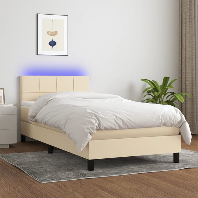 vidaXL - Boxspring - met - matras - en - LED - stof - crèmekleurig - 90x190 - cm