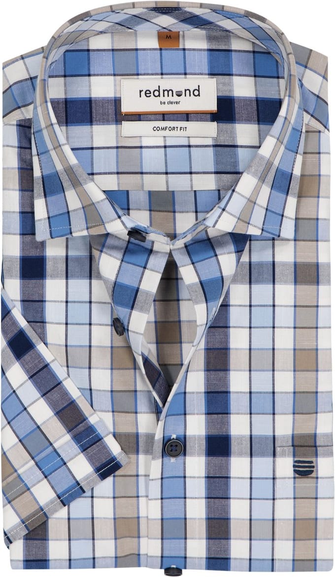 Redmond comfort fit overhemd - korte mouw - chambray - blauw met wit en beige geruit