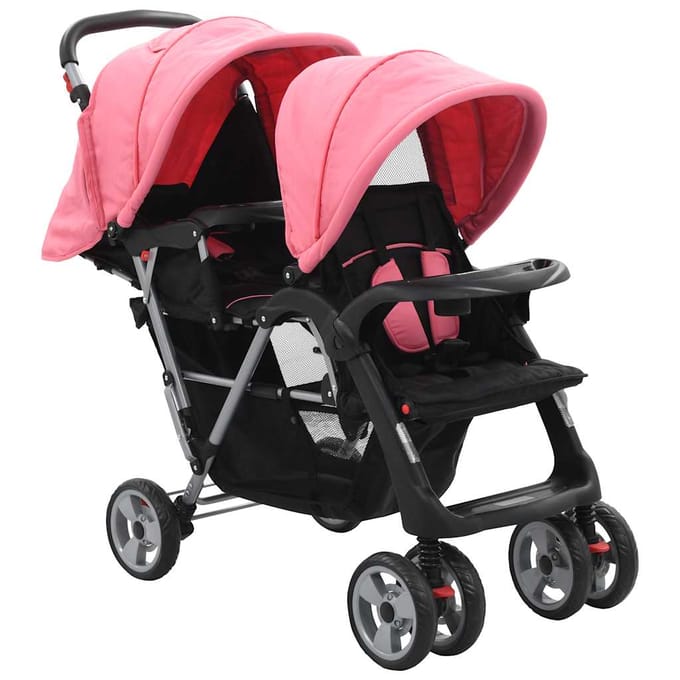 vidaXL - Kinderwagen - dubbel - staal - roze - en - zwart