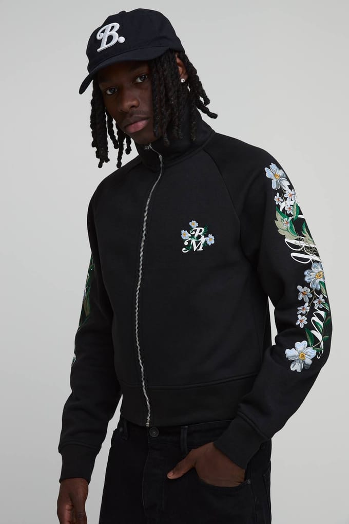 Track Top Met Trechterhals En Geborduurd Bloemenpatroon | Black | Size Medium