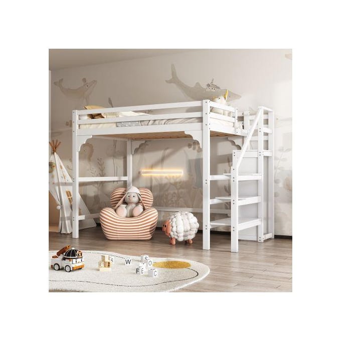 Lit superposé - MUVOE - 140x200cm - Bois massif - Escalier de rangement - Armoire intégrée blanc