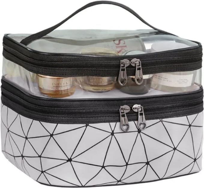 Toilettas - Make Up Tas Geometric Zilver | Kunstleer / Polyester | 23,5 x 16,5 x 14 cm