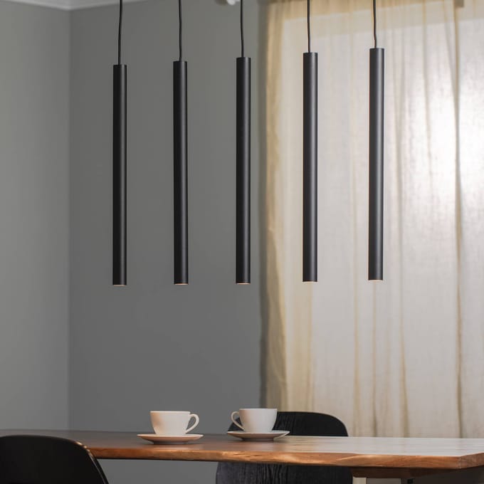 Argon Hanglamp Sone, zwart, hoekige baldakijn, 70 cm, 5-lamps.