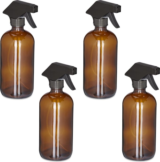 plantenspuit set van 4 - 500 ml - nevel en straal - glas - kappersspuit - bruin