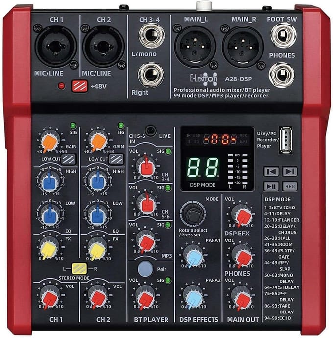 E-Lektron A28-DSP 6 kanaals mengpaneel - USB interface en DSP effecten
