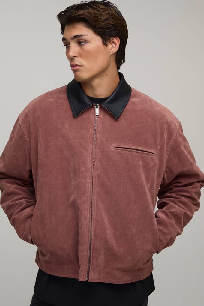 Oversized Boxy Harrington Jas Van Imitatiesuède Met Contrasterende Kraag | Mauve | Size Medium