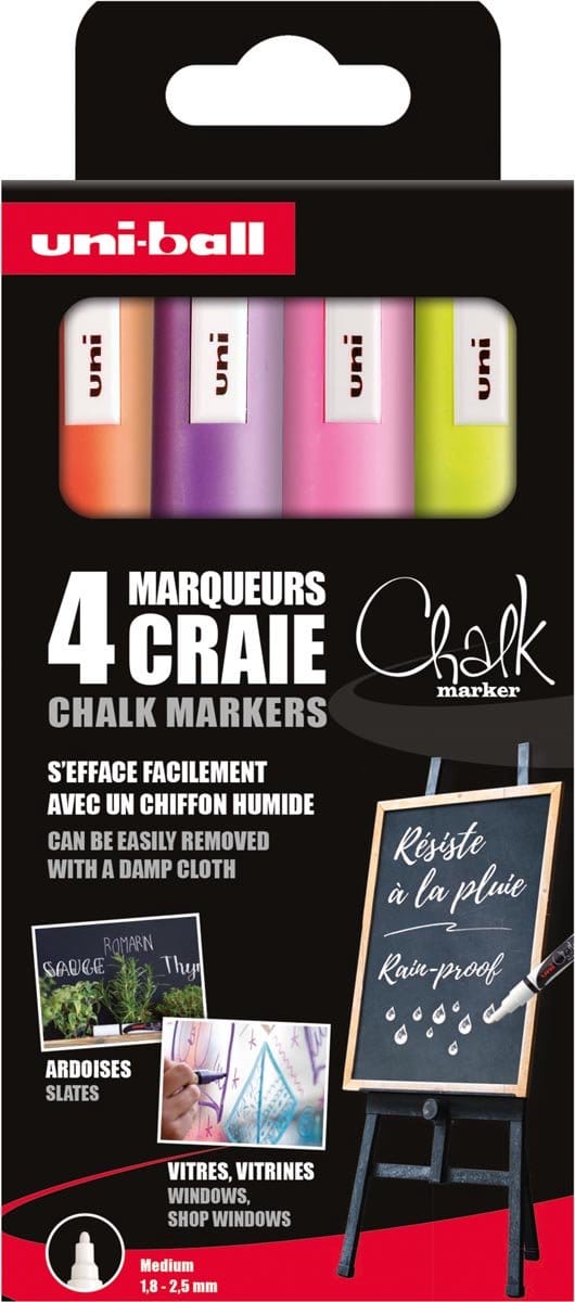 Uni-ball - Chalk PWE-5M - krijtmarker - medium punt - fluor kleuren - set 4 stuks