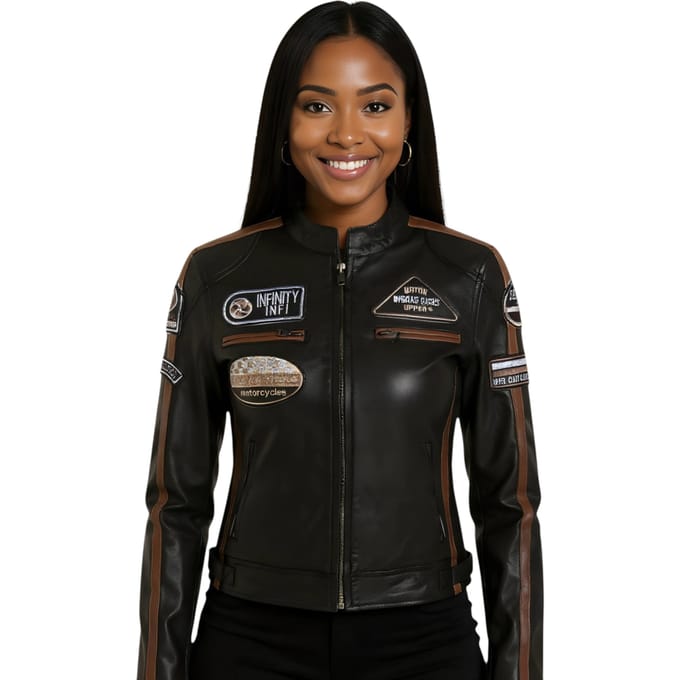 Dames zwarte leren bikerjack met racebadges - Dalby