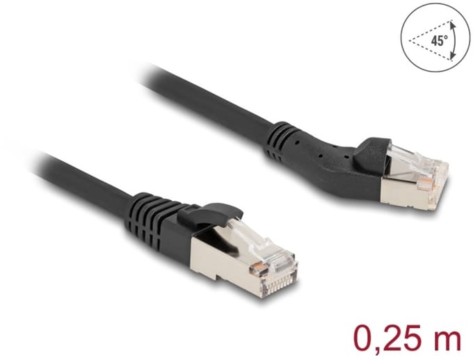 Delock RJ45 Network Cable Cat.8.1 S/FTP plug 45° left angled to plug straight up to 40 Gbps 0.25 m black