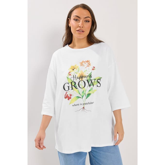 Yours Wit 'Happiness Grows' Tshirt Met Bloemenprint Size 46