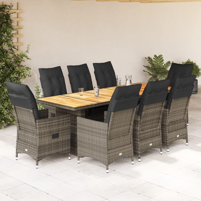 vidaXL - 9-delige - Bistroset - met - kussens - poly - rattan - grijs