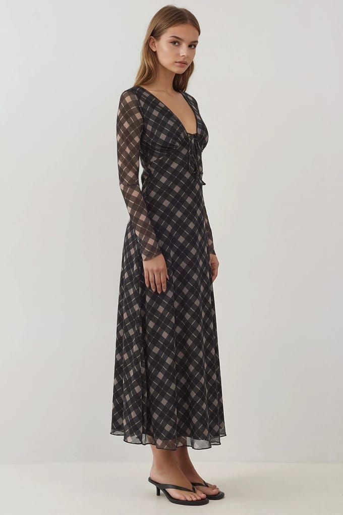 Diepe V-hals Elegante Midi Ruit Bodycon Jurk