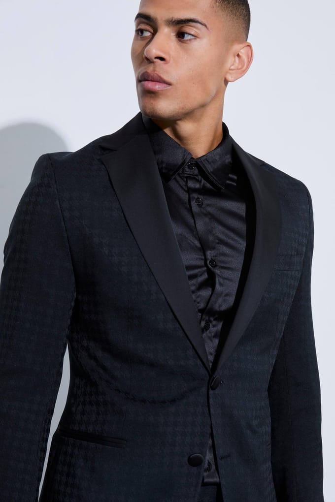 Tonal Houndstooth Single Breasted Jacket | Black | Size 50