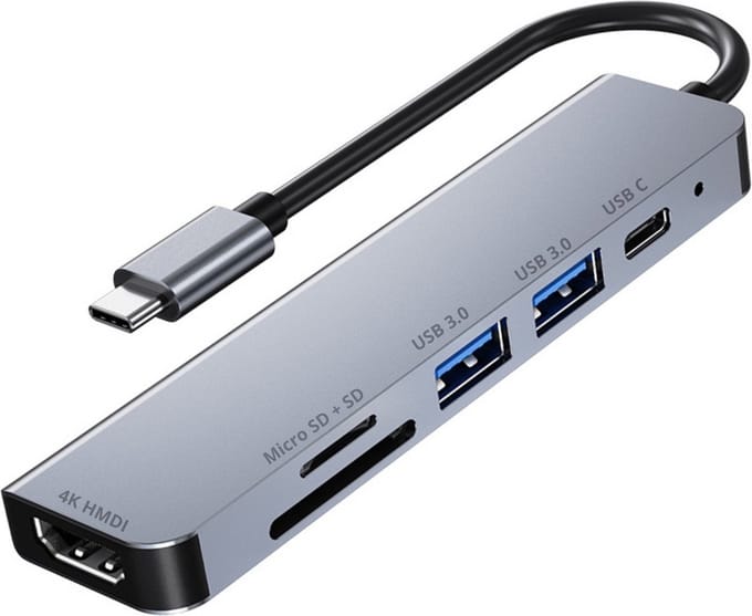By Qubix - USB C Hub HDMI – 6in1 – Universeel - 1x 4k HDMI - 2x USB 3.0 - 2x kaartlezer - 1x USB C - Space gray