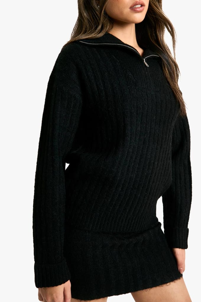 boohoo Dames Zachte gebreide dikke rib met ritssluiting en oversized jumper met mini rok set | Black | Maat: Medium
