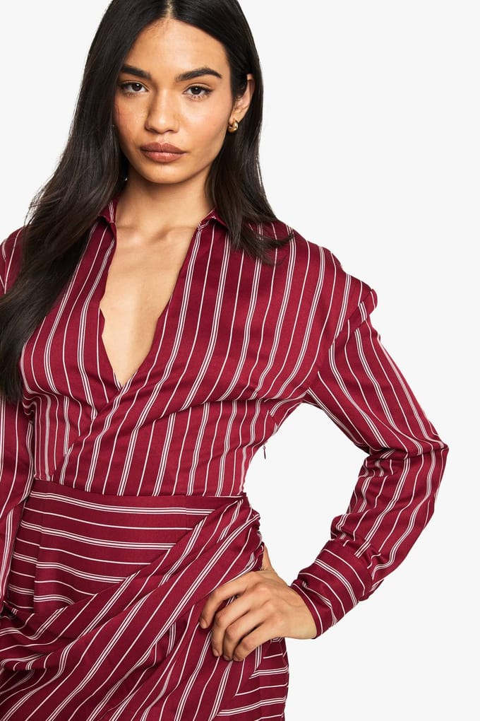 boohoo Dames Gestreepte wikkeloverhemdjurk | Red | Maat: 8