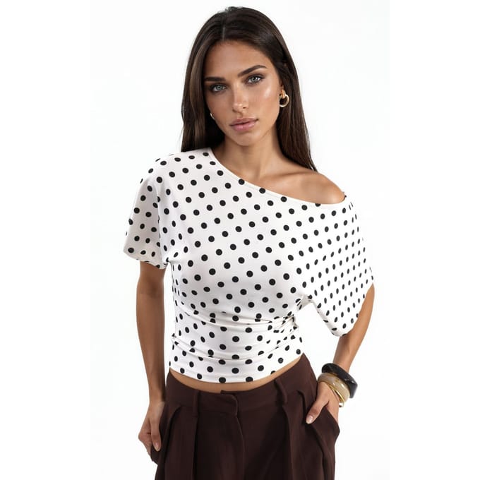 Gestippelde Strakke Taille Blouse met Vleermuismouwen