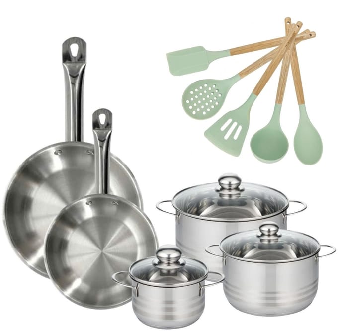 Set van 2 pannen 24/28cm en 3 kookpotten 16/20/24cm Fackelmann Etherna met 5 keukengerei