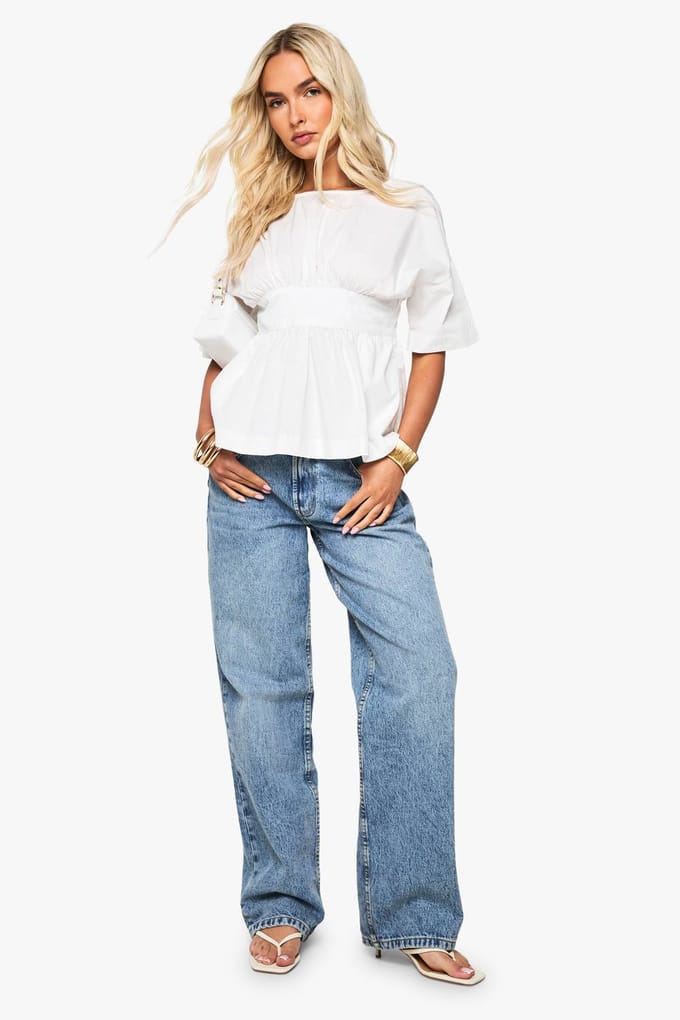 boohoo Dames Poplin met strik in de rug smock | White | Maat: 10