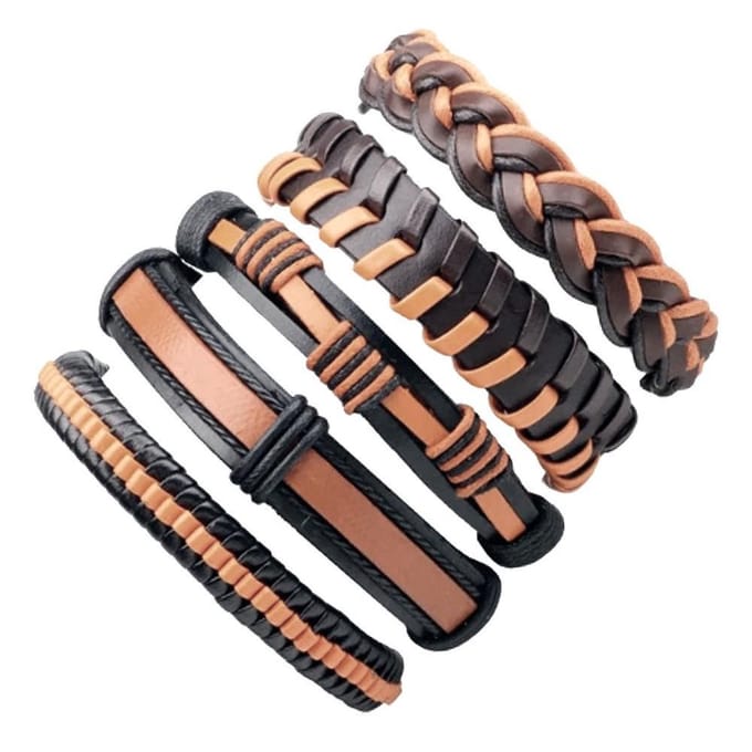 Fako Bijoux® - Leren Armband - Leder - Set Deluxe - 5 Stuks - Bruin/Oranje