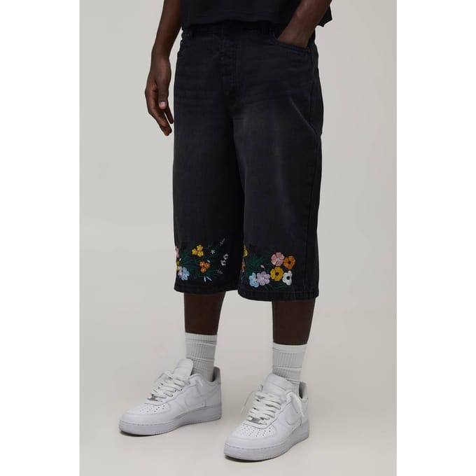 Longline Denim Jorts Met Geborduurd Bloemmotief Op De Zoom | Washed Black | Size 42