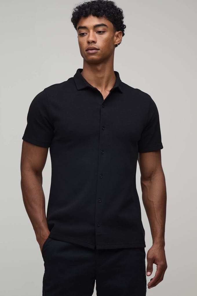 Slim Fit Piqué Overhemd Met Button-down Kraag Van Jersey | Black | Size Small