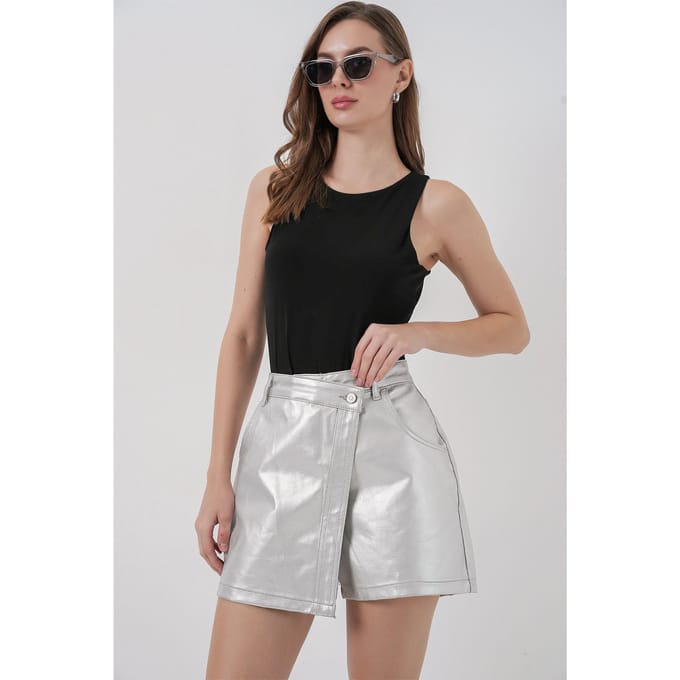 Hoge Taille Metallic Fabric Mini Skorts met Knopen Sluiting