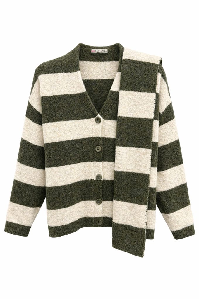 Gestreepte V-Hals Knopen-Front Brei Cardigan