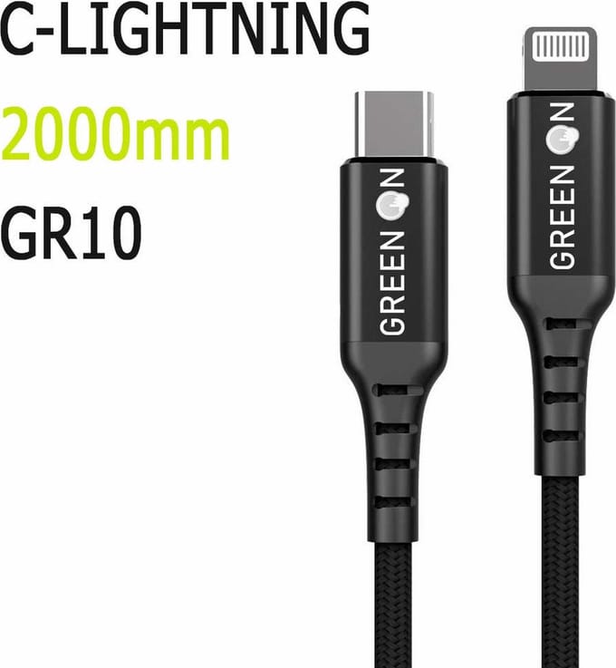 GREEN ON - Kabel USB-C Naar USB Lightning voor Apple 2M - Zwart